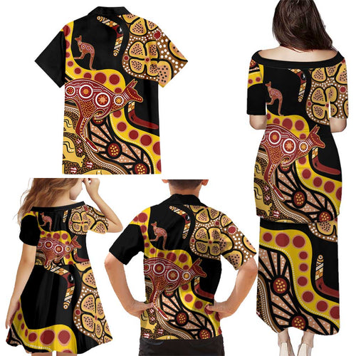 Kangaroo Australia Family Matching Puletasi and Hawaiian Shirt Aussie Aboriginal Dot Art