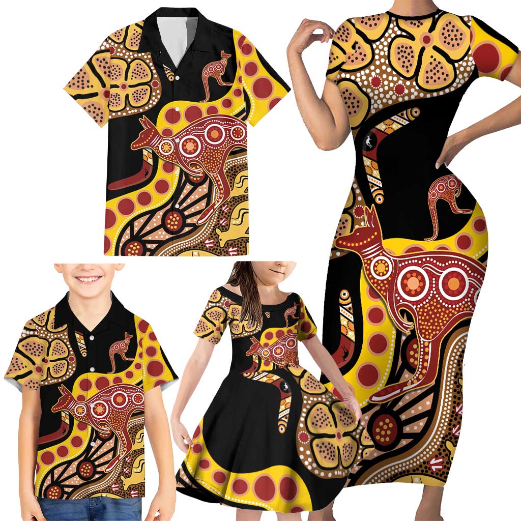 Kangaroo Australia Family Matching Short Sleeve Bodycon Dress and Hawaiian Shirt Aussie Aboriginal Dot Art
