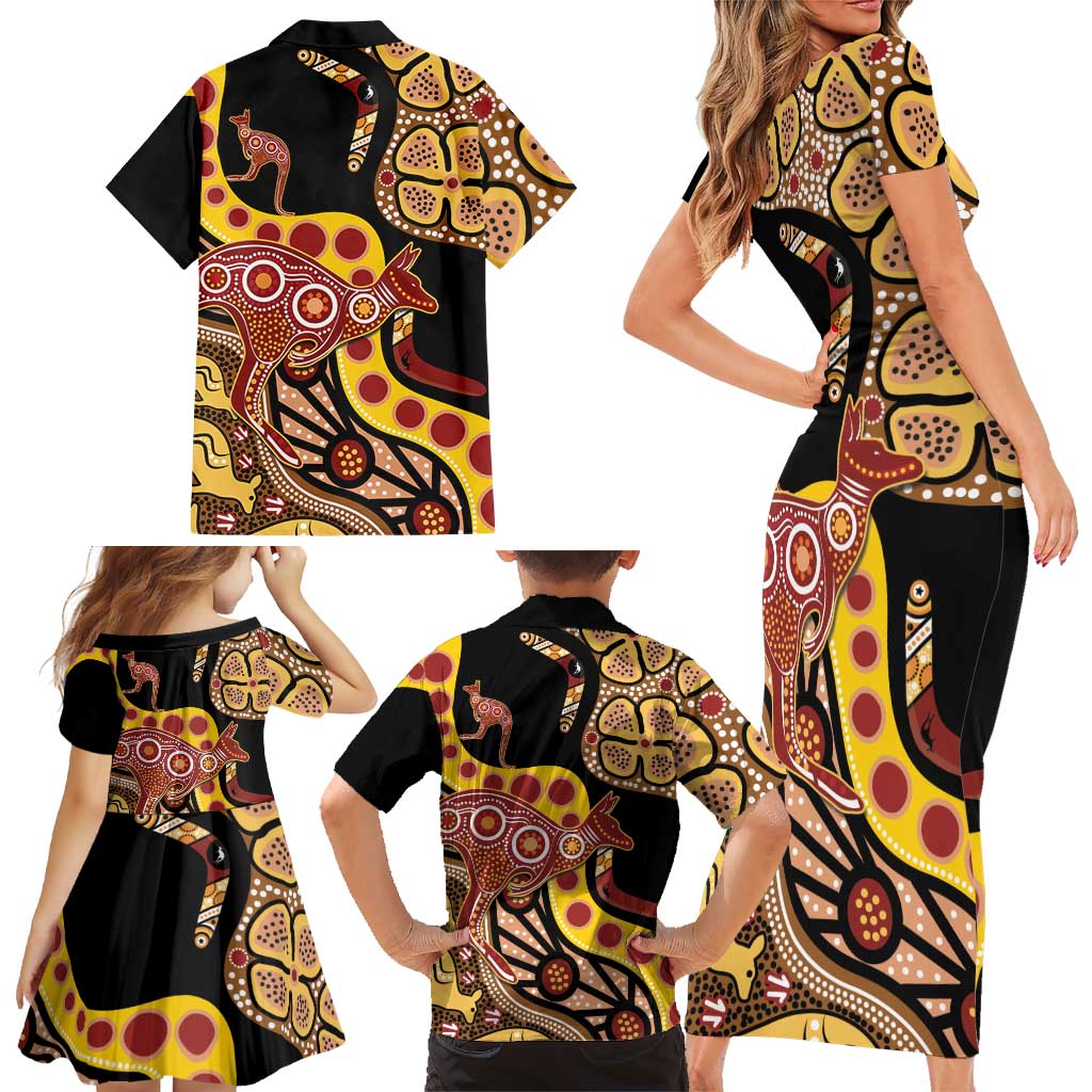 Kangaroo Australia Family Matching Short Sleeve Bodycon Dress and Hawaiian Shirt Aussie Aboriginal Dot Art