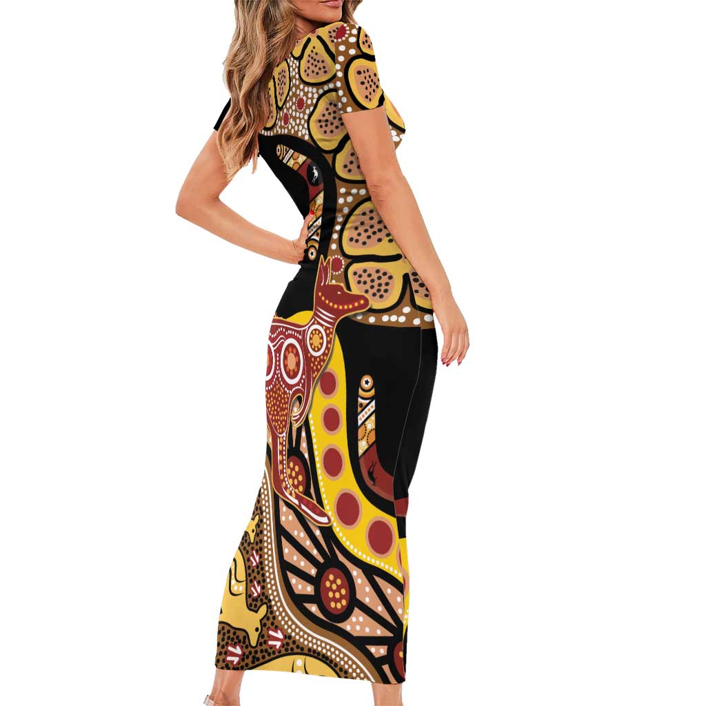 Kangaroo Australia Family Matching Short Sleeve Bodycon Dress and Hawaiian Shirt Aussie Aboriginal Dot Art