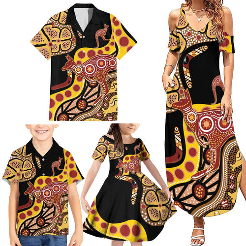 Kangaroo Australia Family Matching Summer Maxi Dress and Hawaiian Shirt Aussie Aboriginal Dot Art