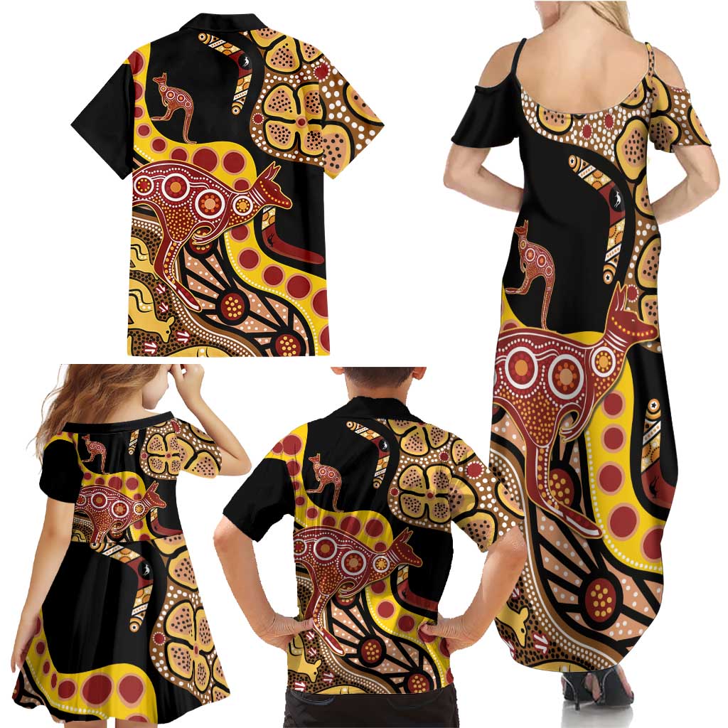 Kangaroo Australia Family Matching Summer Maxi Dress and Hawaiian Shirt Aussie Aboriginal Dot Art