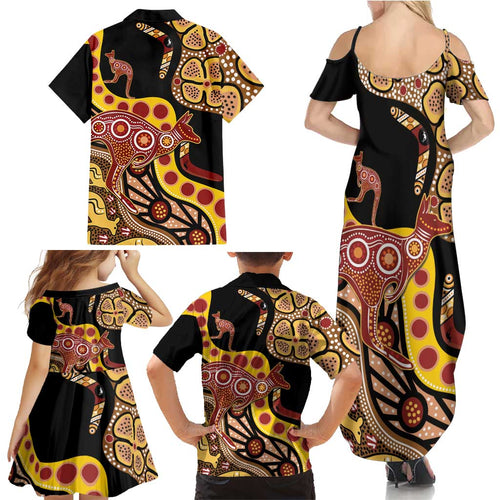 Kangaroo Australia Family Matching Summer Maxi Dress and Hawaiian Shirt Aussie Aboriginal Dot Art