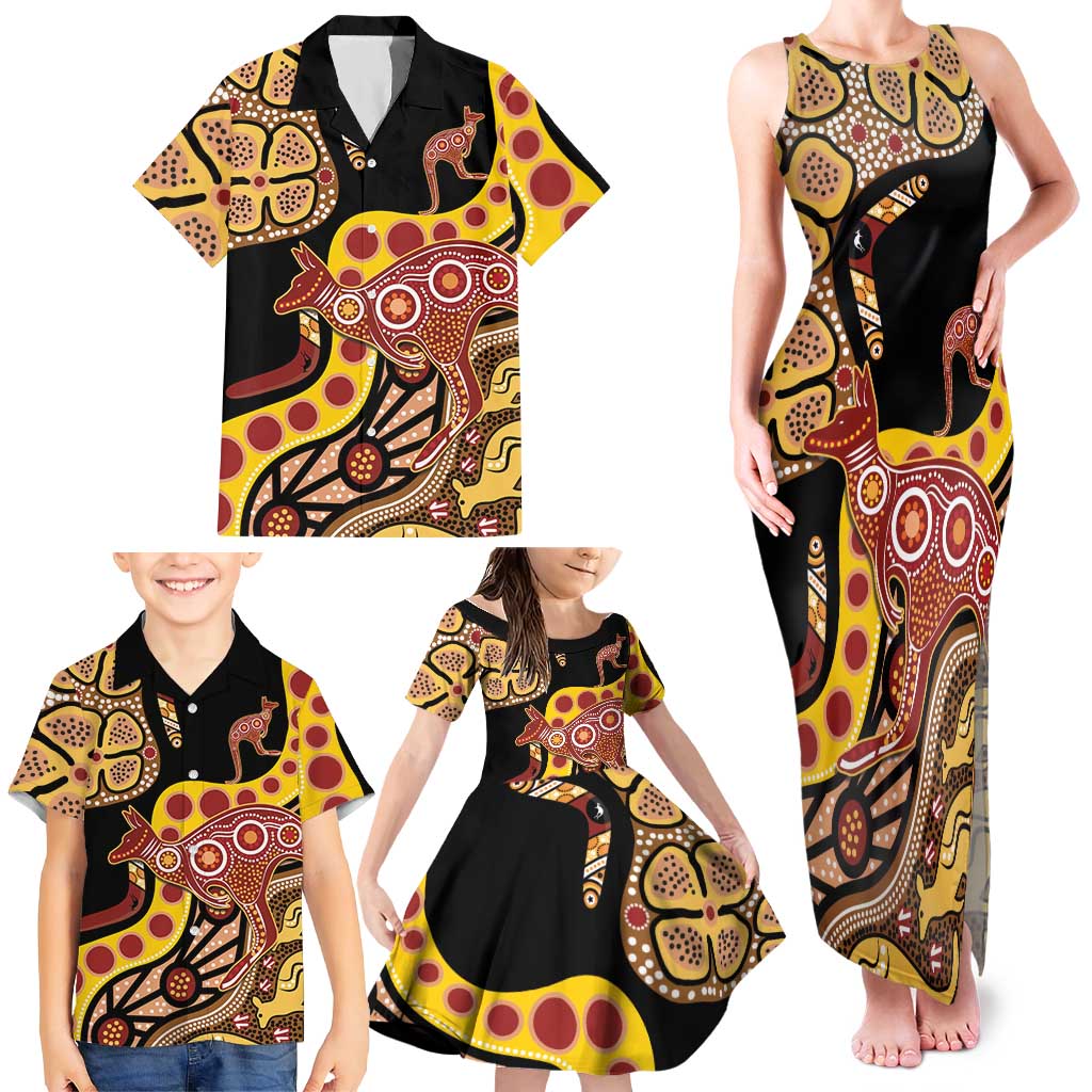 Kangaroo Australia Family Matching Tank Maxi Dress and Hawaiian Shirt Aussie Aboriginal Dot Art