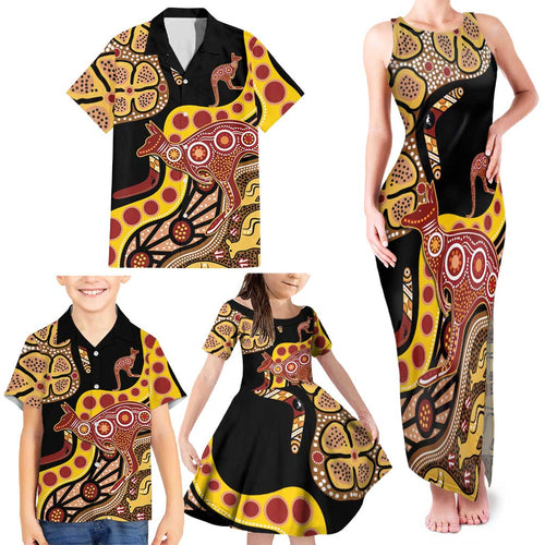 Kangaroo Australia Family Matching Tank Maxi Dress and Hawaiian Shirt Aussie Aboriginal Dot Art