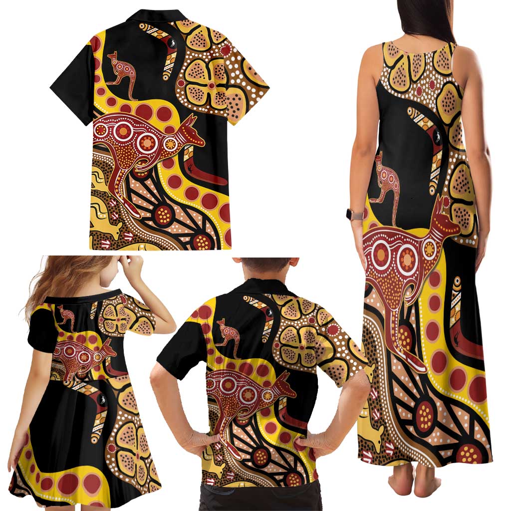 Kangaroo Australia Family Matching Tank Maxi Dress and Hawaiian Shirt Aussie Aboriginal Dot Art