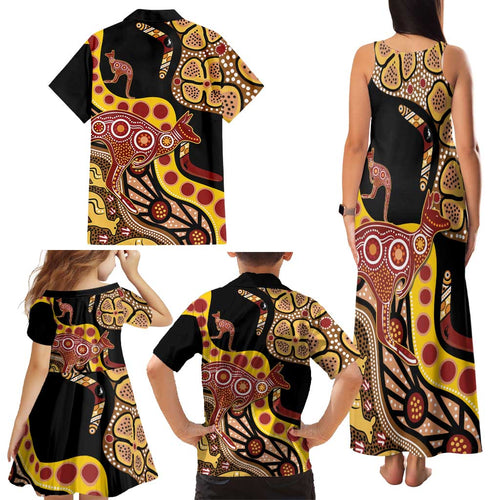 Kangaroo Australia Family Matching Tank Maxi Dress and Hawaiian Shirt Aussie Aboriginal Dot Art