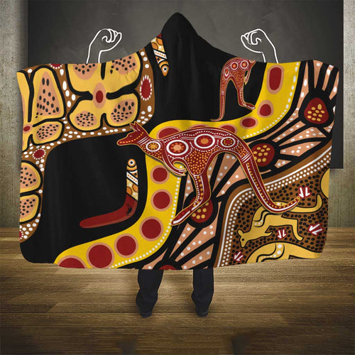 Kangaroo Australia Hooded Blanket Aussie Aboriginal Dot Art