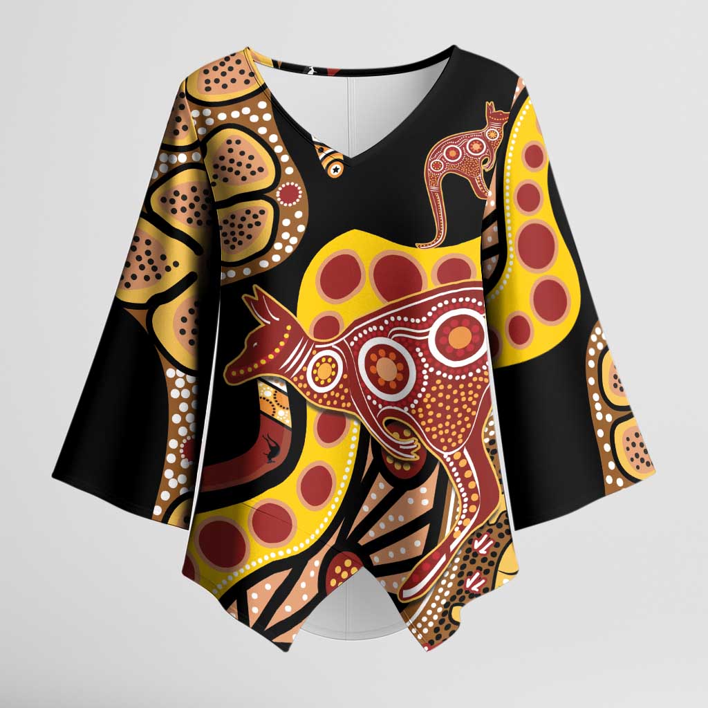 Kangaroo Australia Kimono Sleeve Blouse Aussie Aboriginal Dot Art
