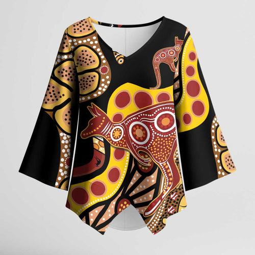 Kangaroo Australia Kimono Sleeve Blouse Aussie Aboriginal Dot Art