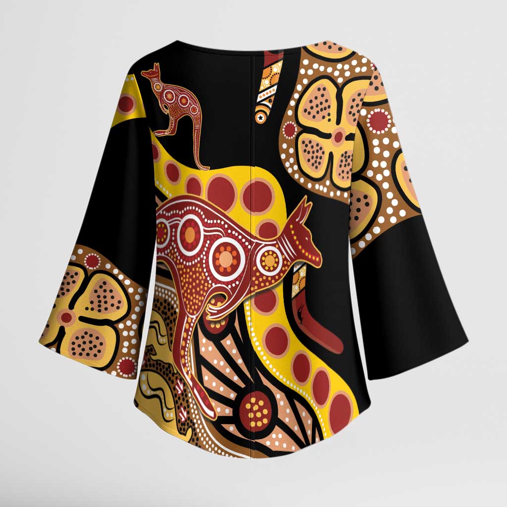 Kangaroo Australia Kimono Sleeve Blouse Aussie Aboriginal Dot Art