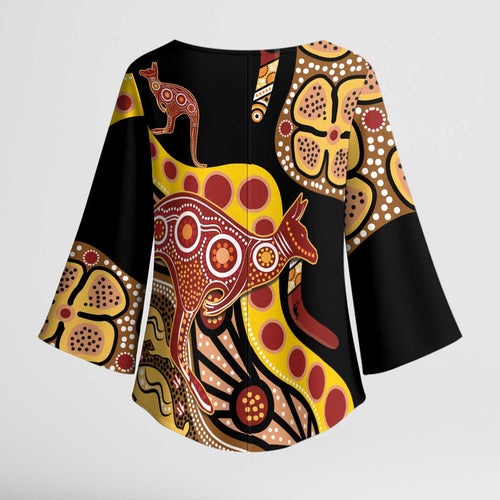 Kangaroo Australia Kimono Sleeve Blouse Aussie Aboriginal Dot Art
