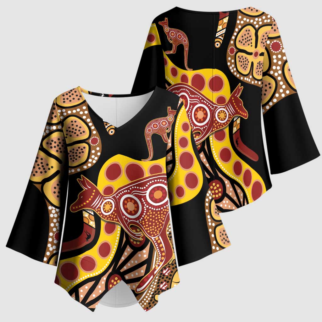 Kangaroo Australia Kimono Sleeve Blouse Aussie Aboriginal Dot Art