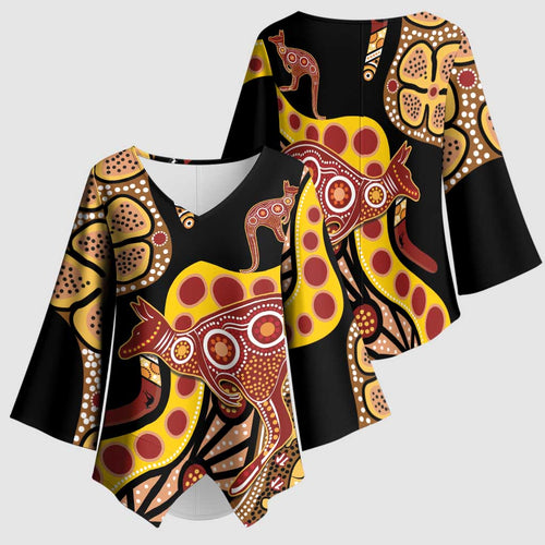 Kangaroo Australia Kimono Sleeve Blouse Aussie Aboriginal Dot Art