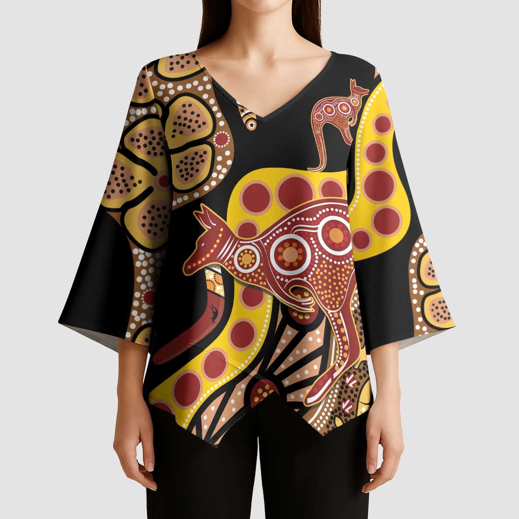 Kangaroo Australia Kimono Sleeve Blouse Aussie Aboriginal Dot Art