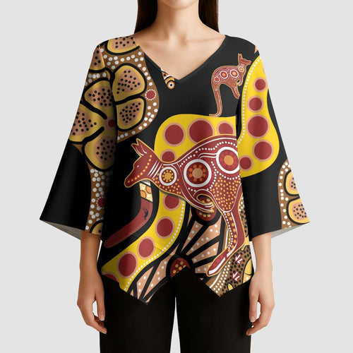 Kangaroo Australia Kimono Sleeve Blouse Aussie Aboriginal Dot Art