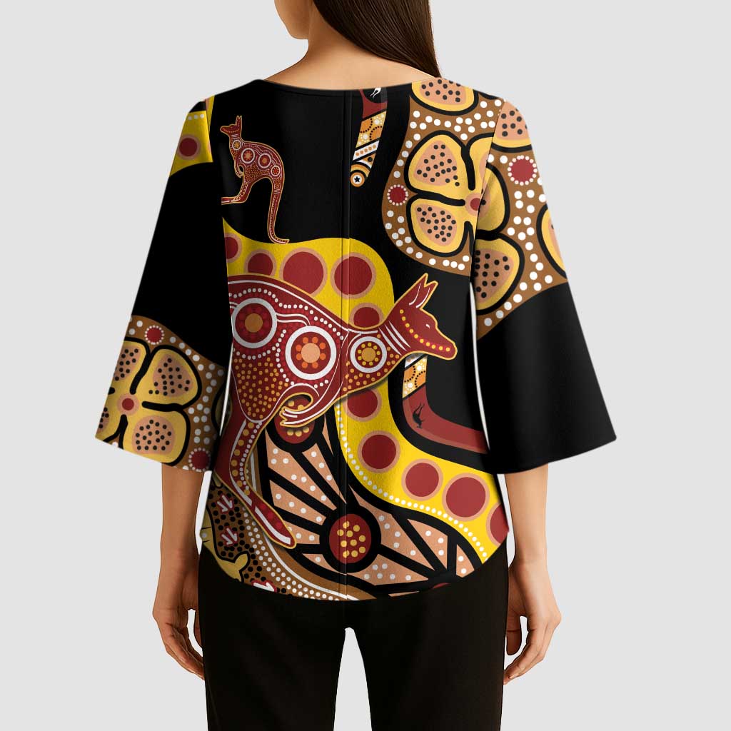 Kangaroo Australia Kimono Sleeve Blouse Aussie Aboriginal Dot Art