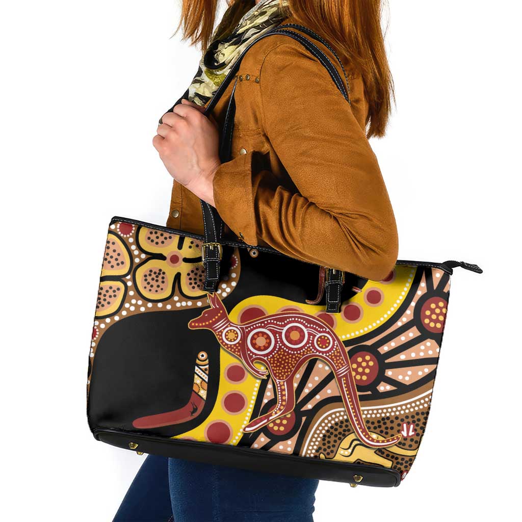Kangaroo Australia Leather Tote Bag Aussie Aboriginal Dot Art