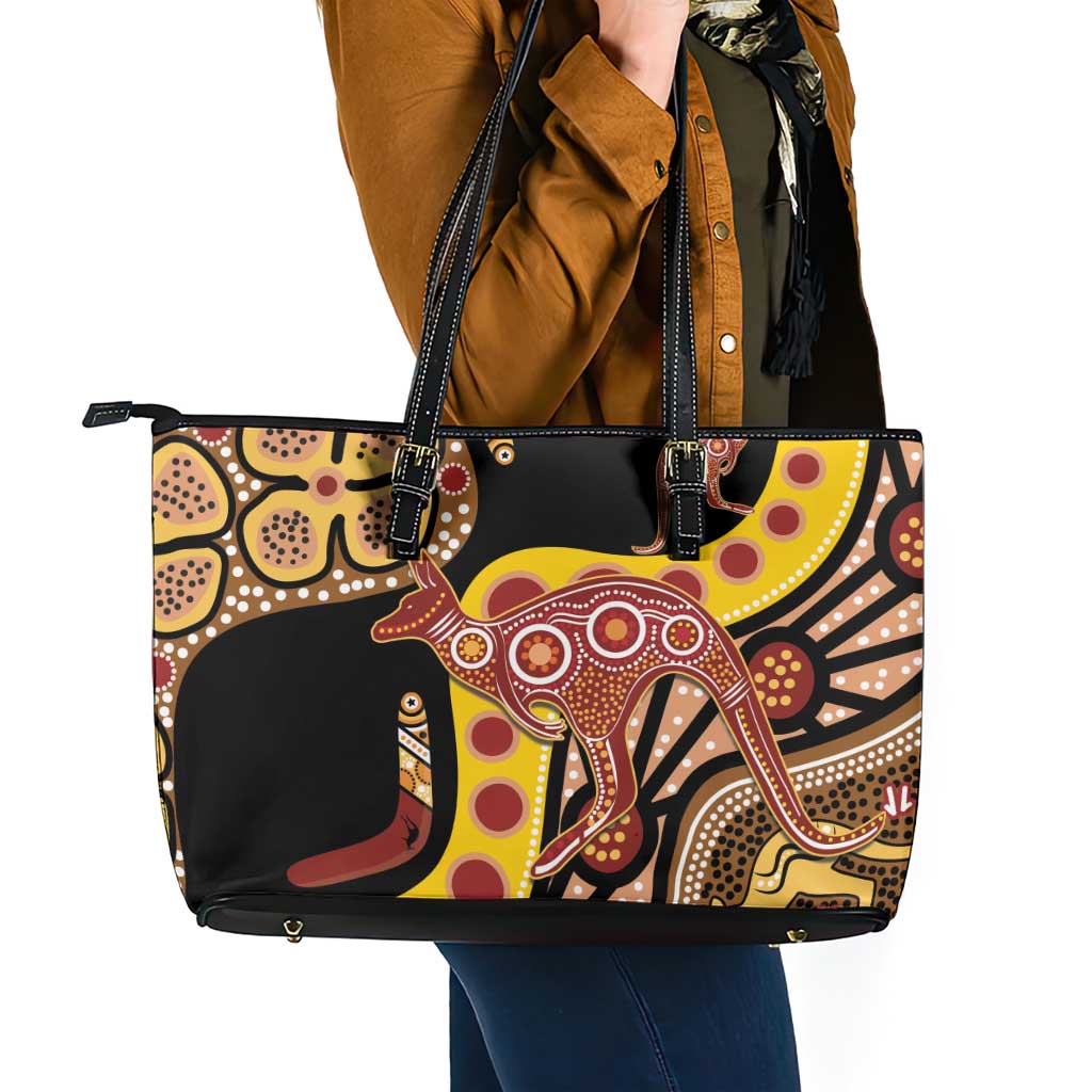 Kangaroo Australia Leather Tote Bag Aussie Aboriginal Dot Art
