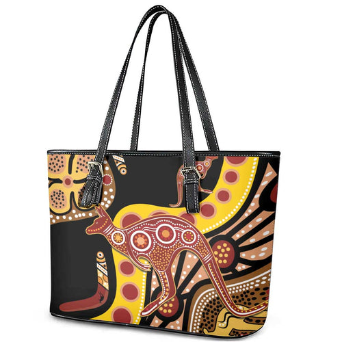 Kangaroo Australia Leather Tote Bag Aussie Aboriginal Dot Art