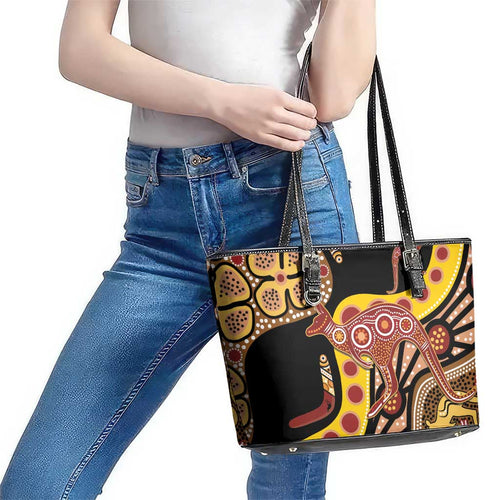 Kangaroo Australia Leather Tote Bag Aussie Aboriginal Dot Art