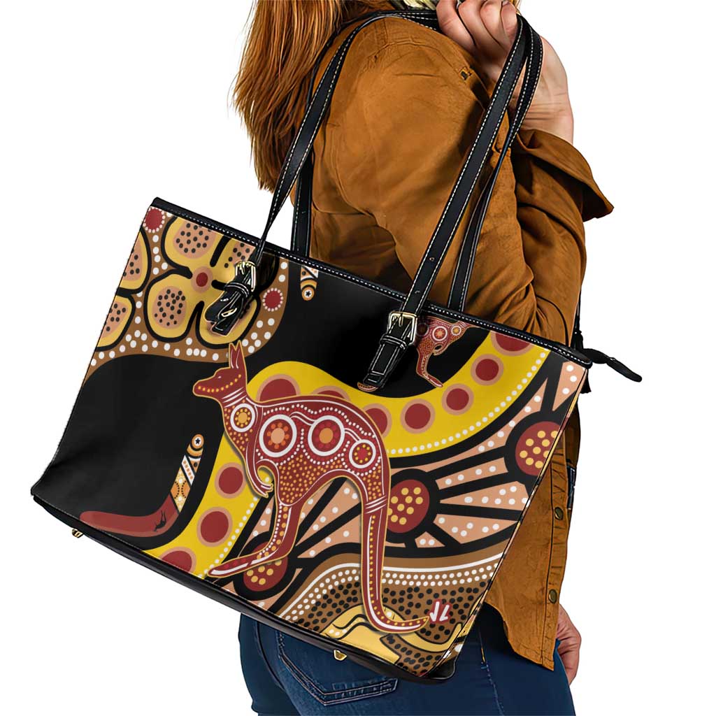 Kangaroo Australia Leather Tote Bag Aussie Aboriginal Dot Art