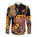 Kangaroo Australia Long Sleeve Button Shirt Aussie Aboriginal Dot Art