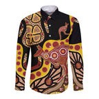 Kangaroo Australia Long Sleeve Button Shirt Aussie Aboriginal Dot Art