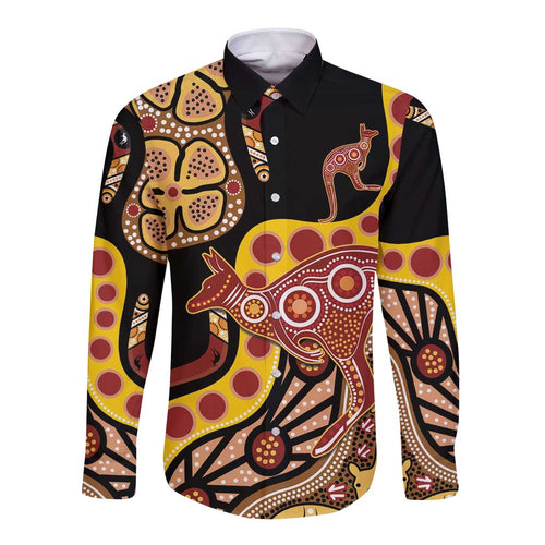 Kangaroo Australia Long Sleeve Button Shirt Aussie Aboriginal Dot Art