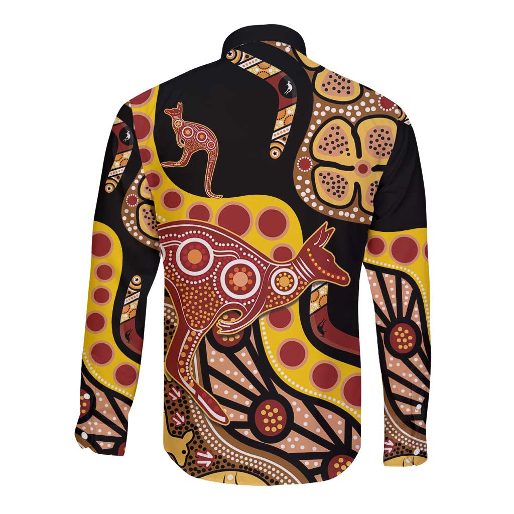 Kangaroo Australia Long Sleeve Button Shirt Aussie Aboriginal Dot Art