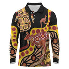Kangaroo Australia Long Sleeve Polo Shirt Aussie Aboriginal Dot Art
