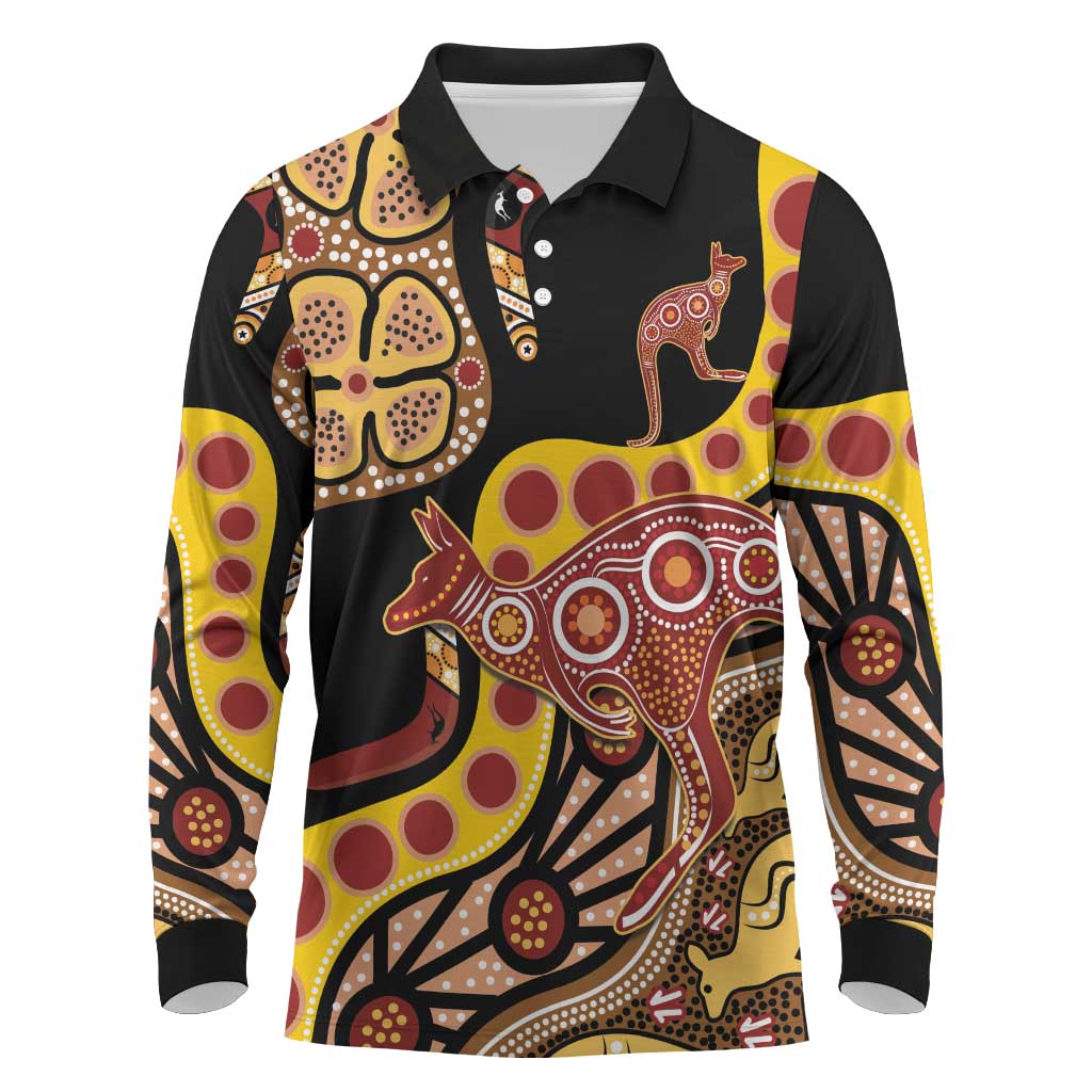 Kangaroo Australia Long Sleeve Polo Shirt Aussie Aboriginal Dot Art