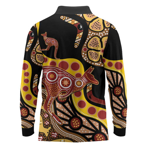 Kangaroo Australia Long Sleeve Polo Shirt Aussie Aboriginal Dot Art