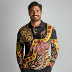 Kangaroo Australia Long Sleeve Polo Shirt Aussie Aboriginal Dot Art