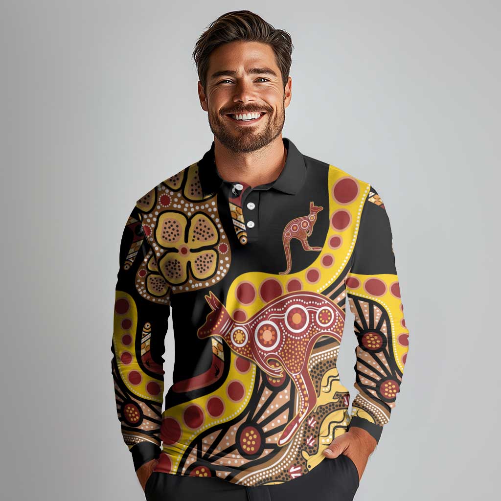 Kangaroo Australia Long Sleeve Polo Shirt Aussie Aboriginal Dot Art