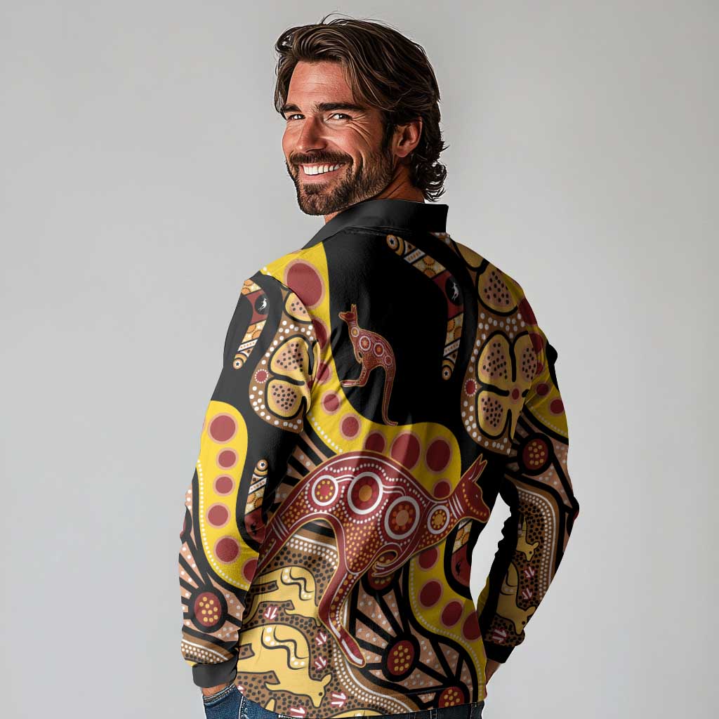 Kangaroo Australia Long Sleeve Polo Shirt Aussie Aboriginal Dot Art