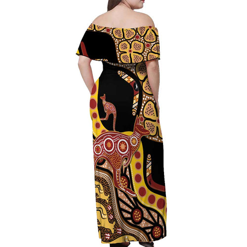 Kangaroo Australia Off Shoulder Maxi Dress Aussie Aboriginal Dot Art