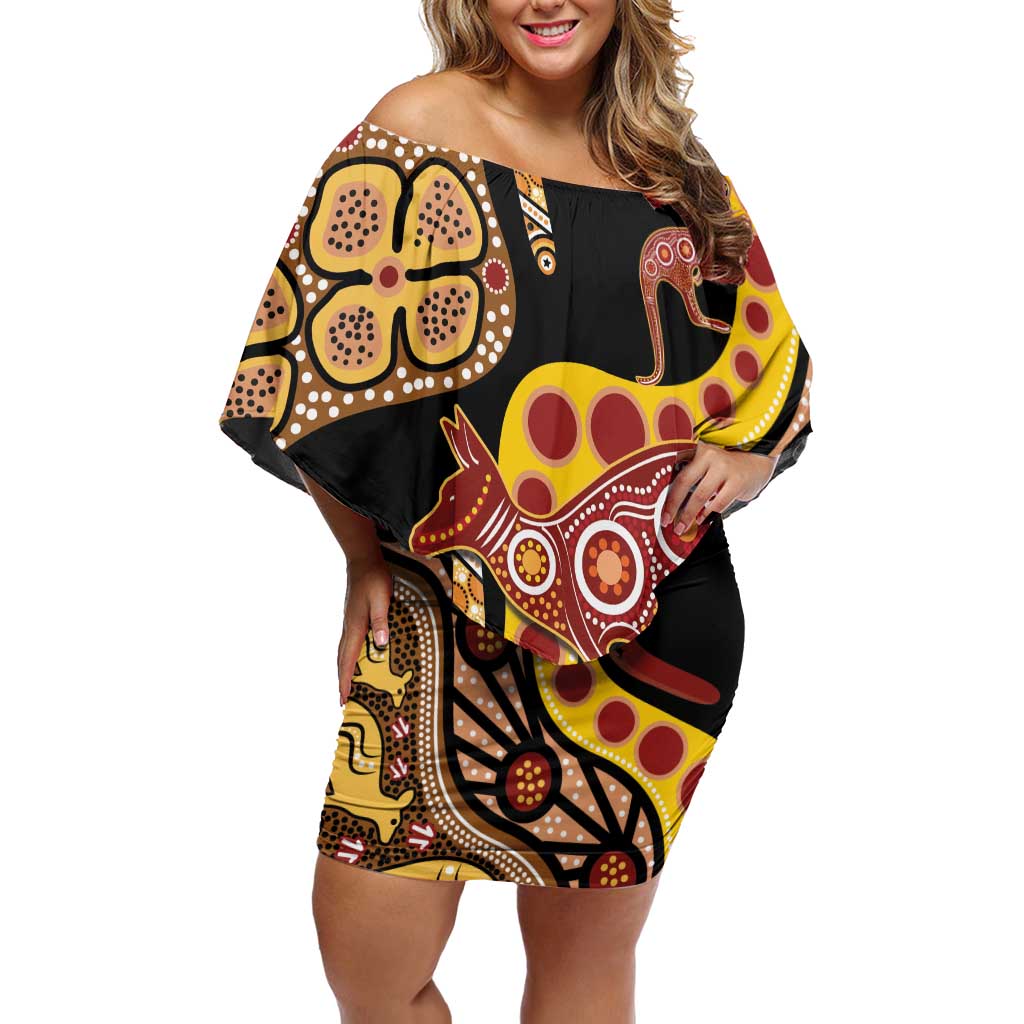 Kangaroo Australia Off Shoulder Short Dress Aussie Aboriginal Dot Art