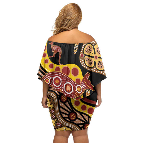 Kangaroo Australia Off Shoulder Short Dress Aussie Aboriginal Dot Art