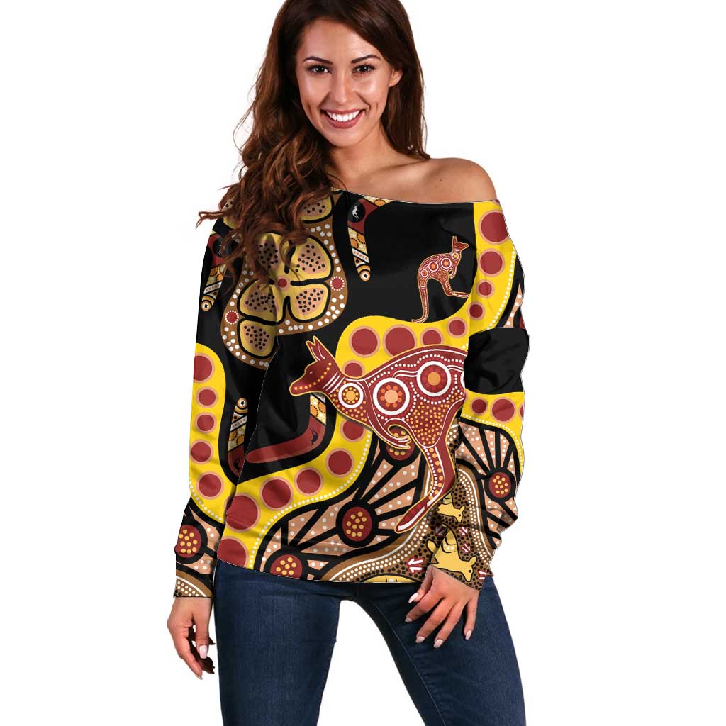 Kangaroo Australia Off Shoulder Sweater Aussie Aboriginal Dot Art
