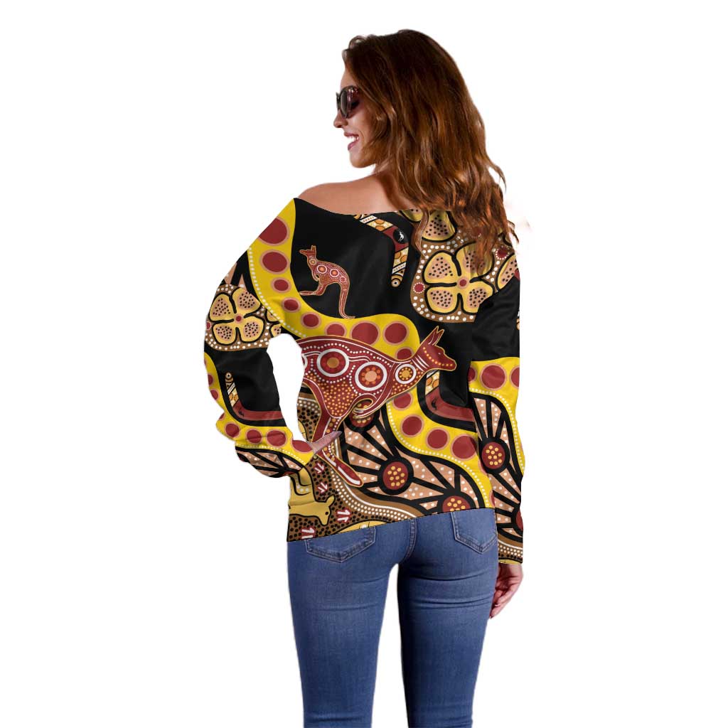 Kangaroo Australia Off Shoulder Sweater Aussie Aboriginal Dot Art