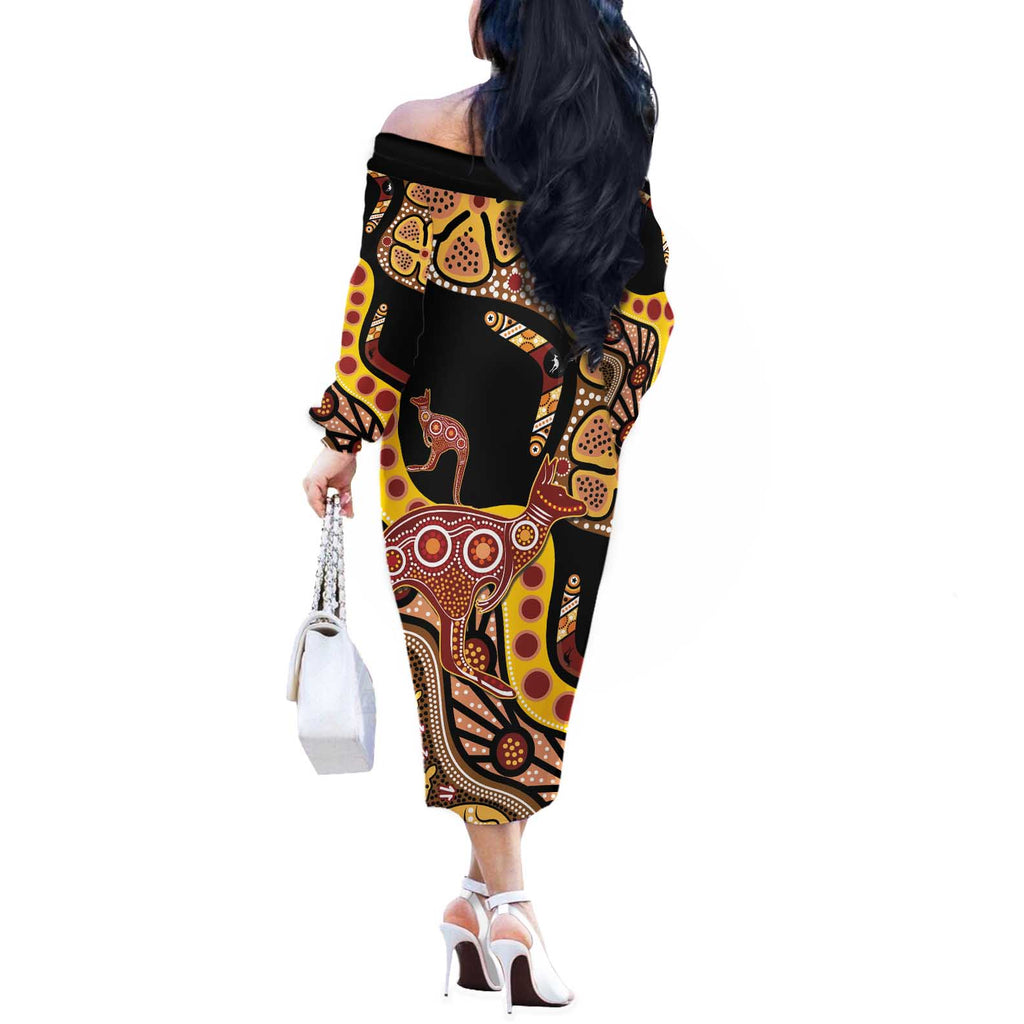 Kangaroo Australia Off The Shoulder Long Sleeve Dress Aussie Aboriginal Dot Art