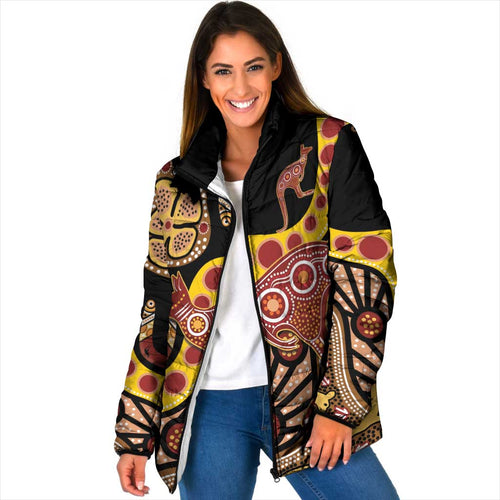 Kangaroo Australia Padded Jacket Aussie Aboriginal Dot Art