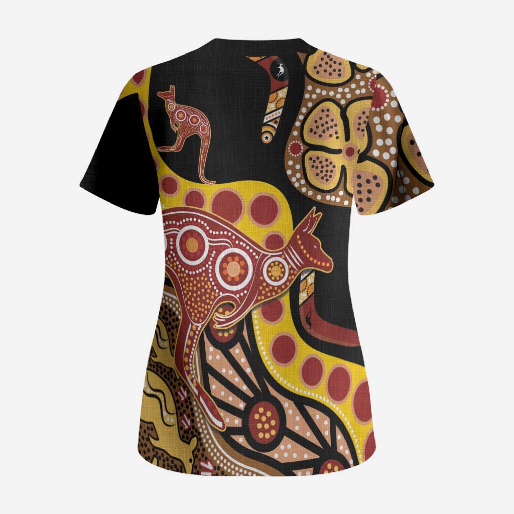 Kangaroo Australia Scrub Top Aussie Aboriginal Dot Art