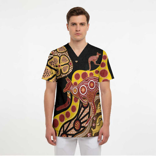 Kangaroo Australia Scrub Top Aussie Aboriginal Dot Art