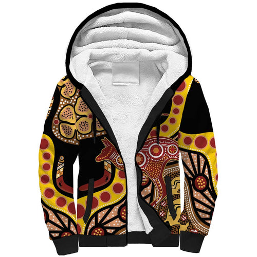 Kangaroo Australia Sherpa Hoodie Aussie Aboriginal Dot Art