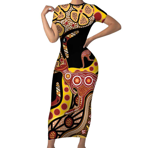 Kangaroo Australia Short Sleeve Bodycon Dress Aussie Aboriginal Dot Art