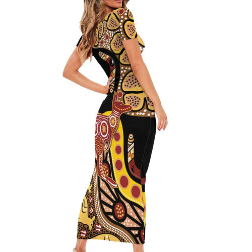 Kangaroo Australia Short Sleeve Bodycon Dress Aussie Aboriginal Dot Art