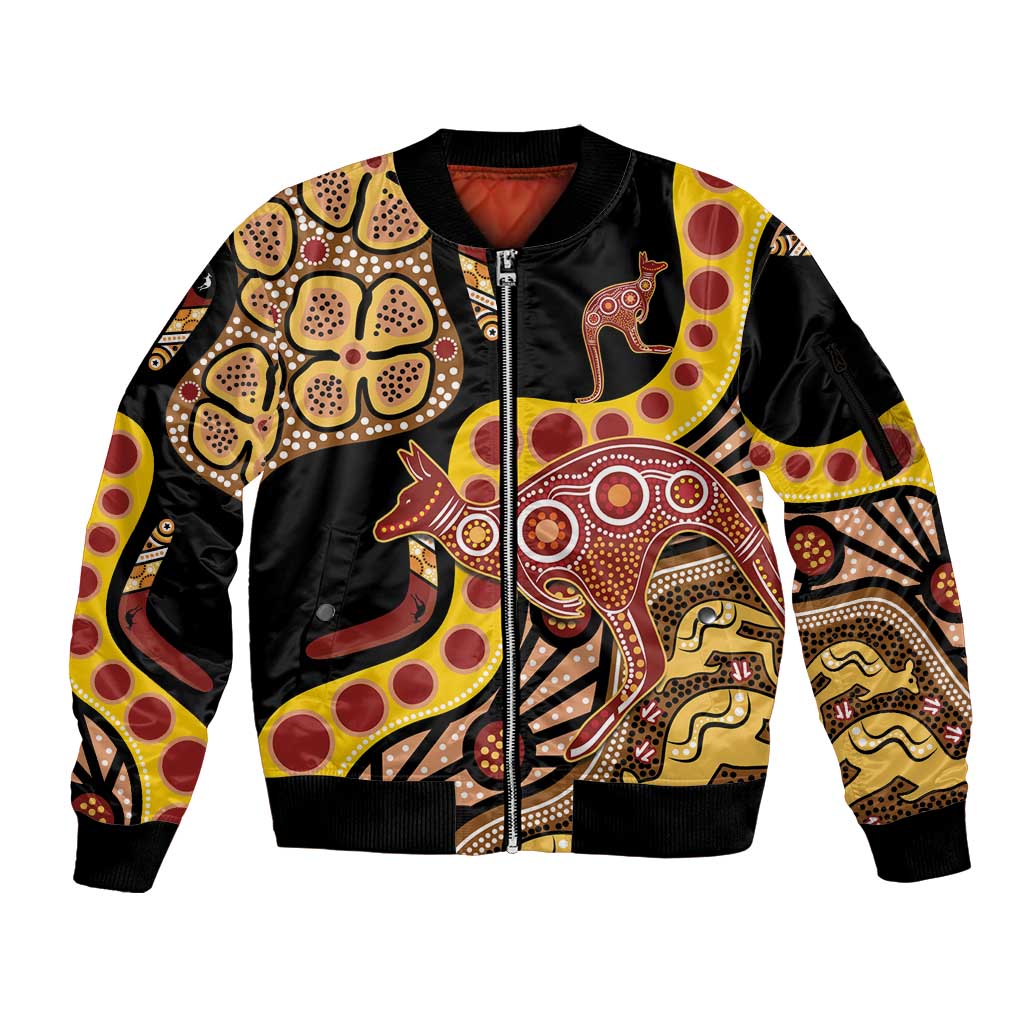 Kangaroo Australia Sleeve Zip Bomber Jacket Aussie Aboriginal Dot Art