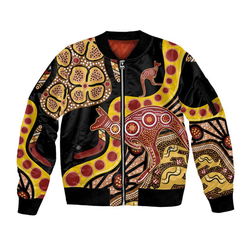 Kangaroo Australia Sleeve Zip Bomber Jacket Aussie Aboriginal Dot Art